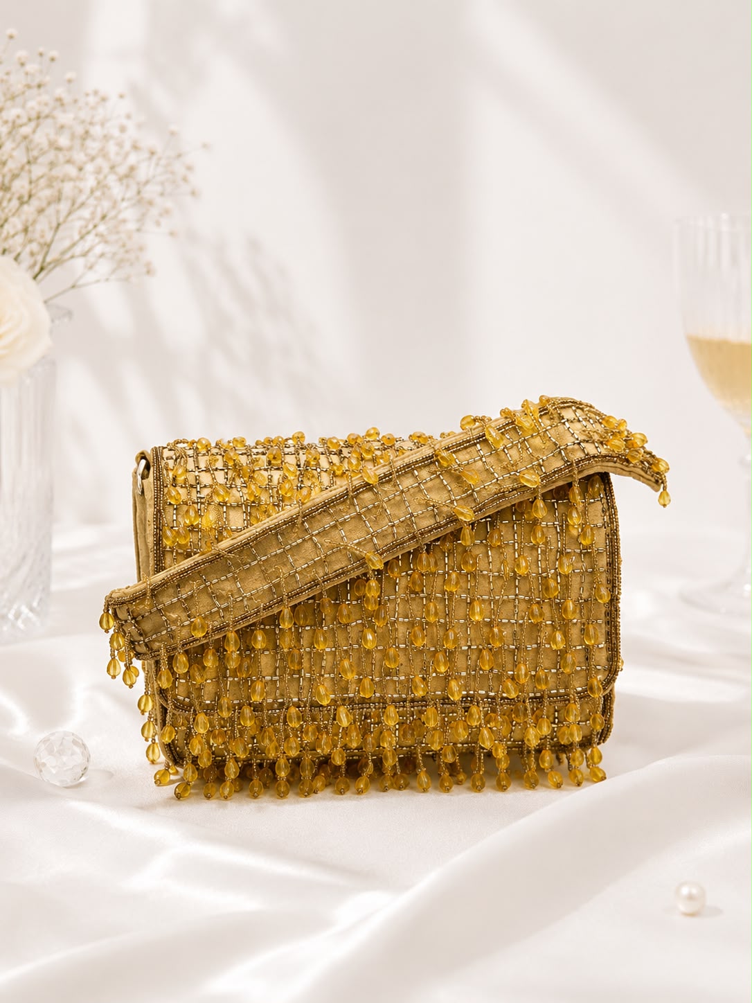 Beaded Fringe Top-Handle Bag - Gold - angled view
