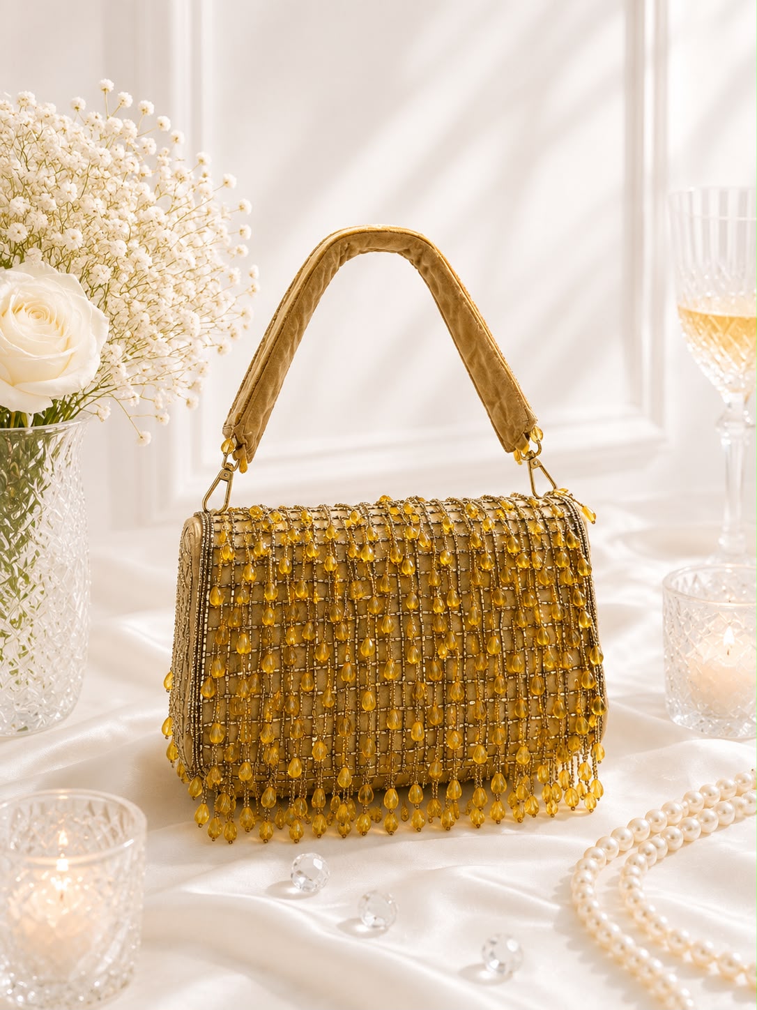 Beaded Fringe Top-Handle Bag - Gold - angled view 2