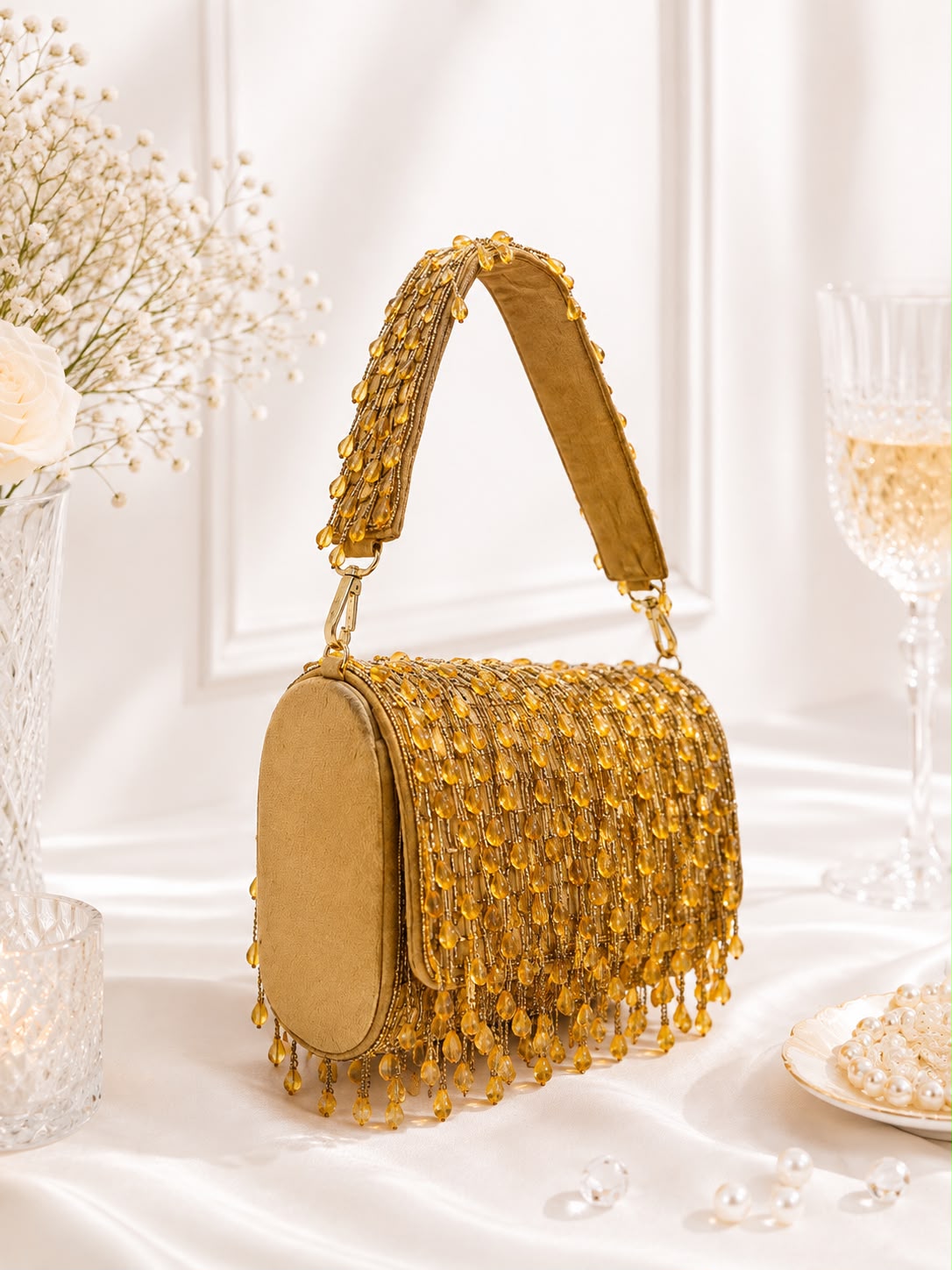 Beaded Fringe Top-Handle Bag - Gold - angled view 3