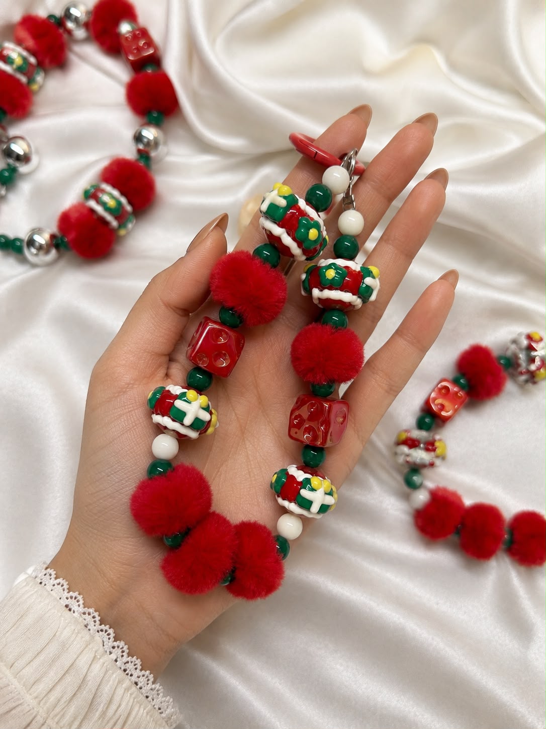Pompom Dice Christmas Beaded Bag Charm