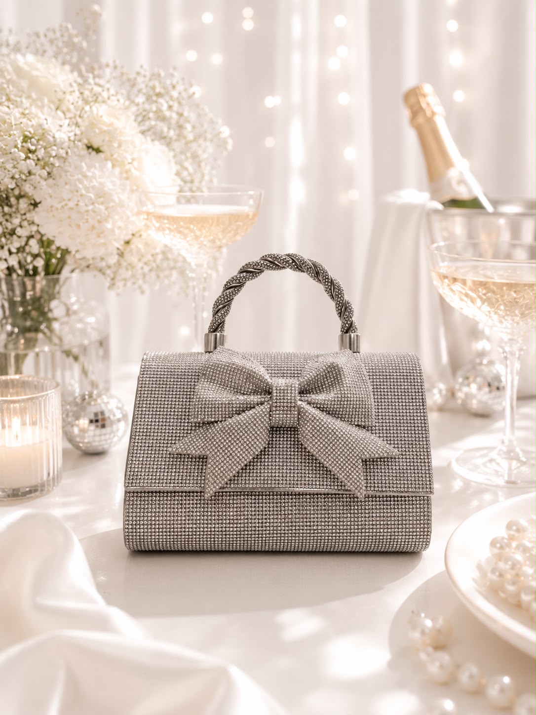 Crystal Bow Twist-Handle Bag - Bow - front detail