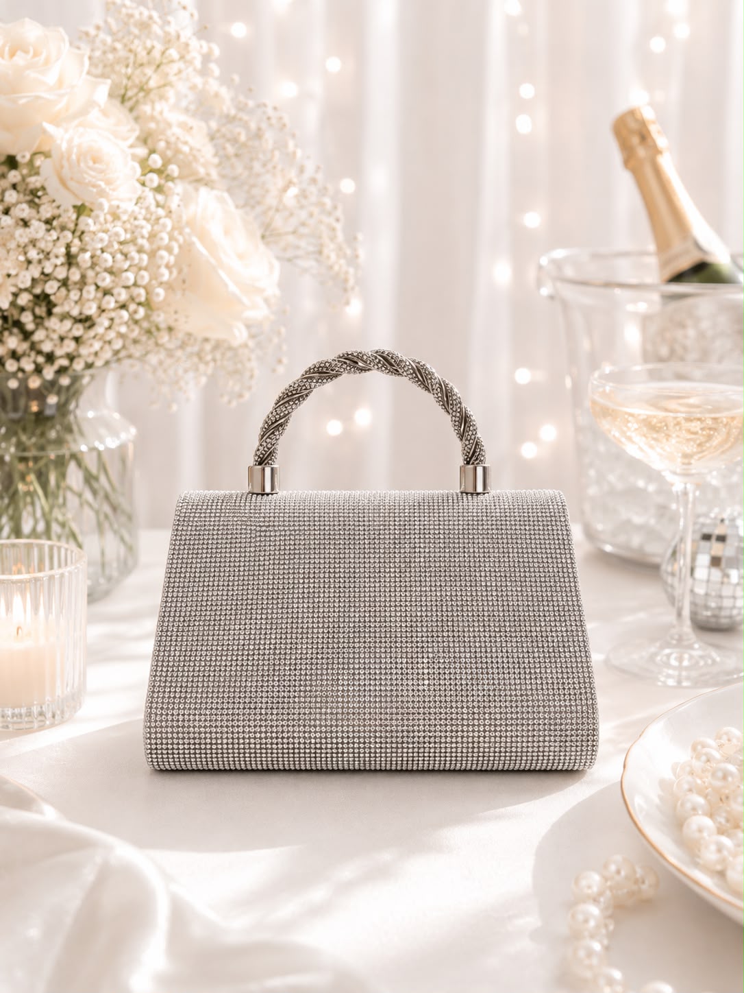 Crystal Bow Twist-Handle Bag - Plain - front view
