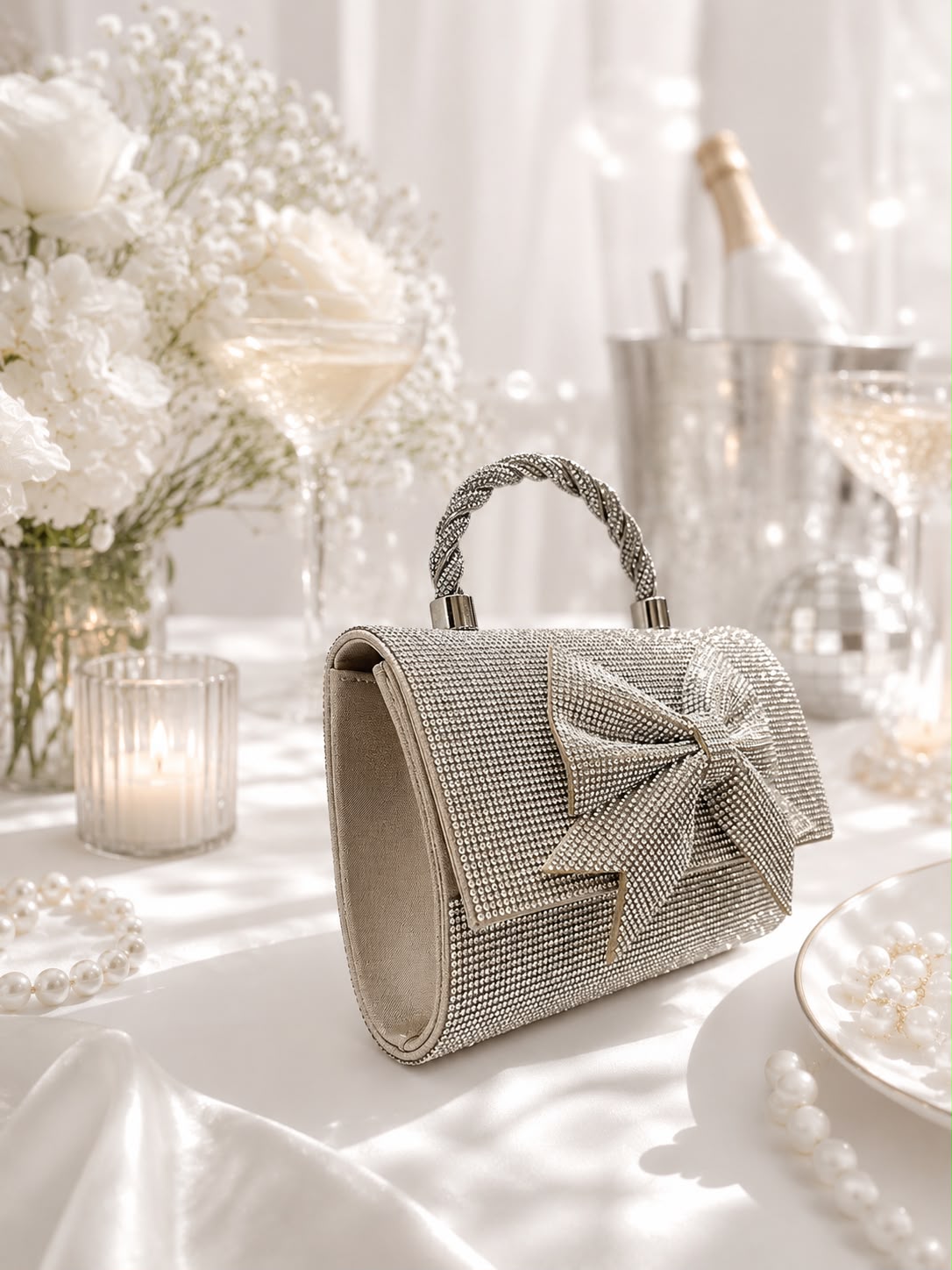 Crystal Bow Twist-Handle Bag - Bow - side angled