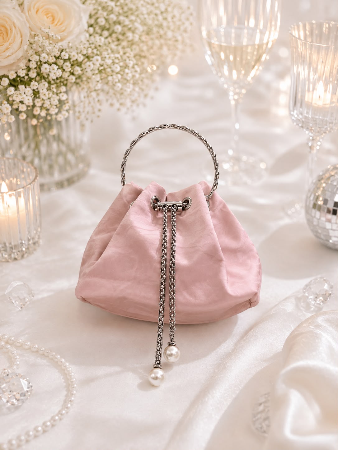 Ruched Pearl Chain Pouch Bag - front view