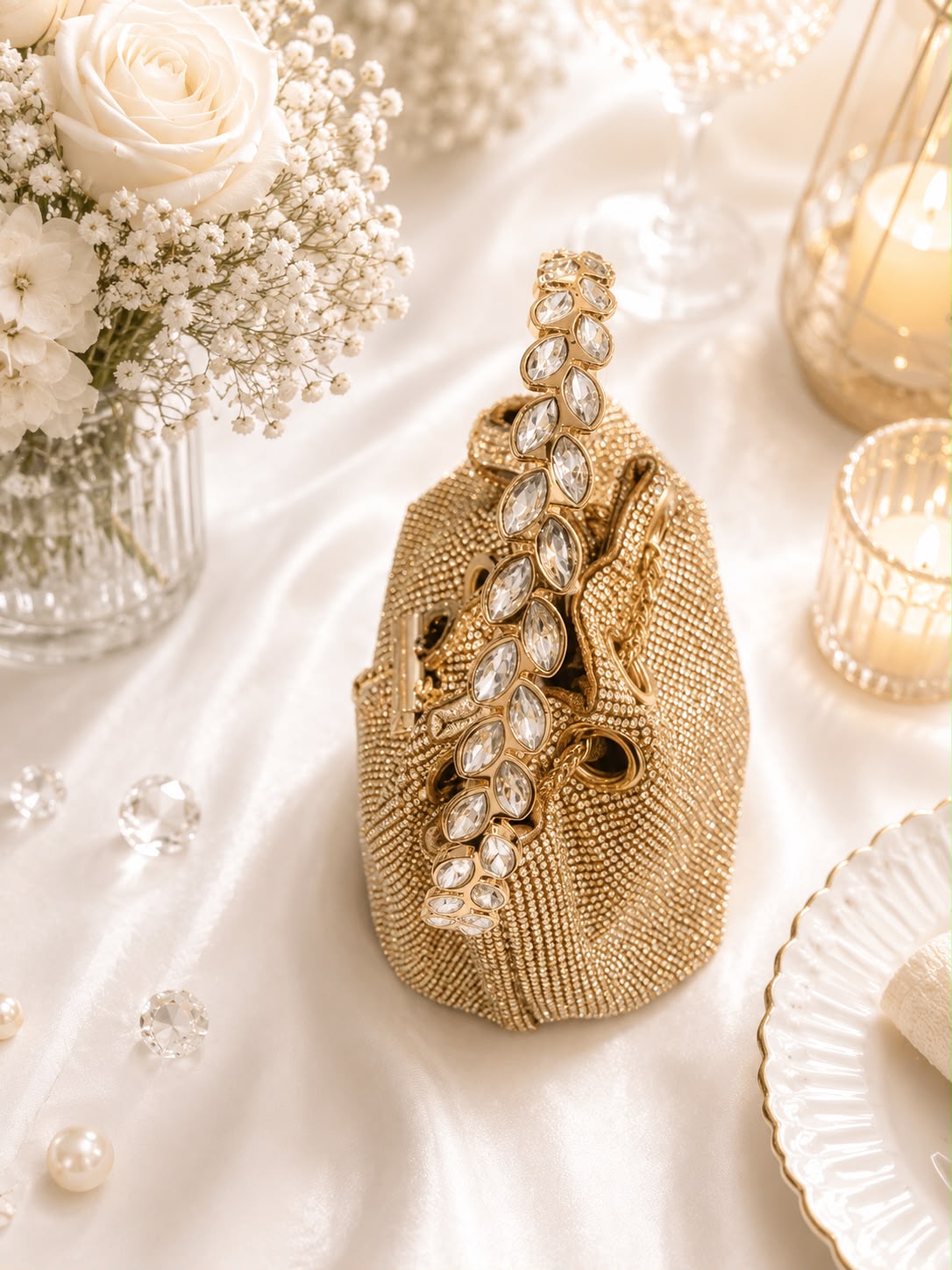 Crystal Leaf-Handle Bucket Bag - angled view