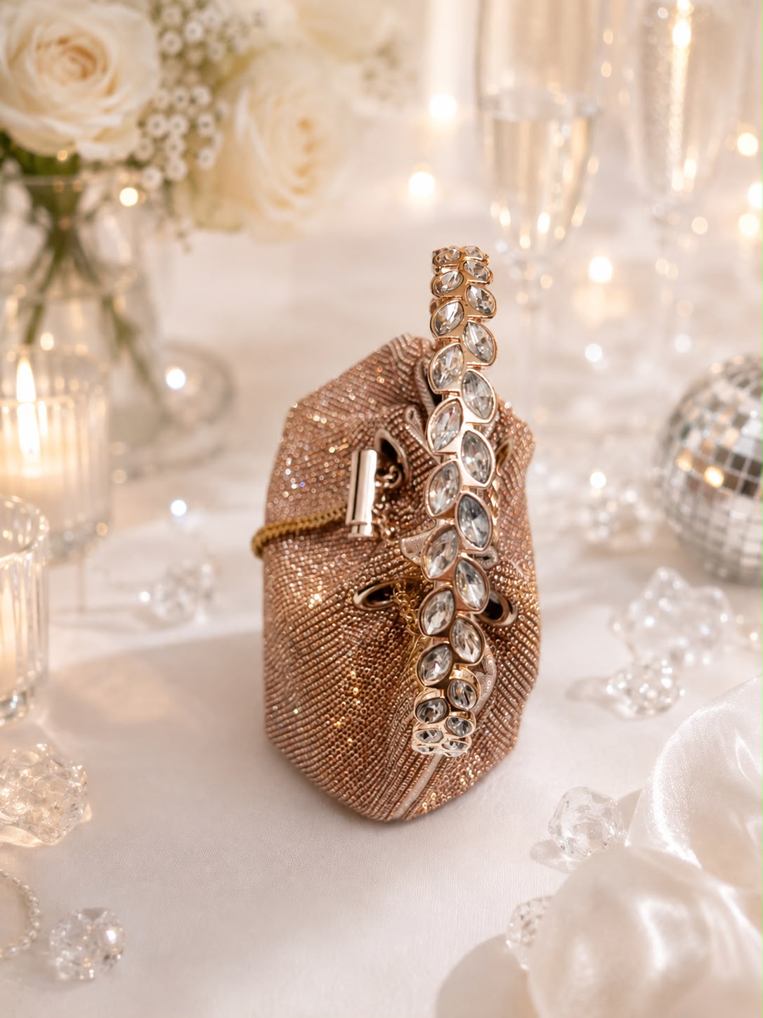 Crystal Leaf-Handle Bucket Bag - handle close-up