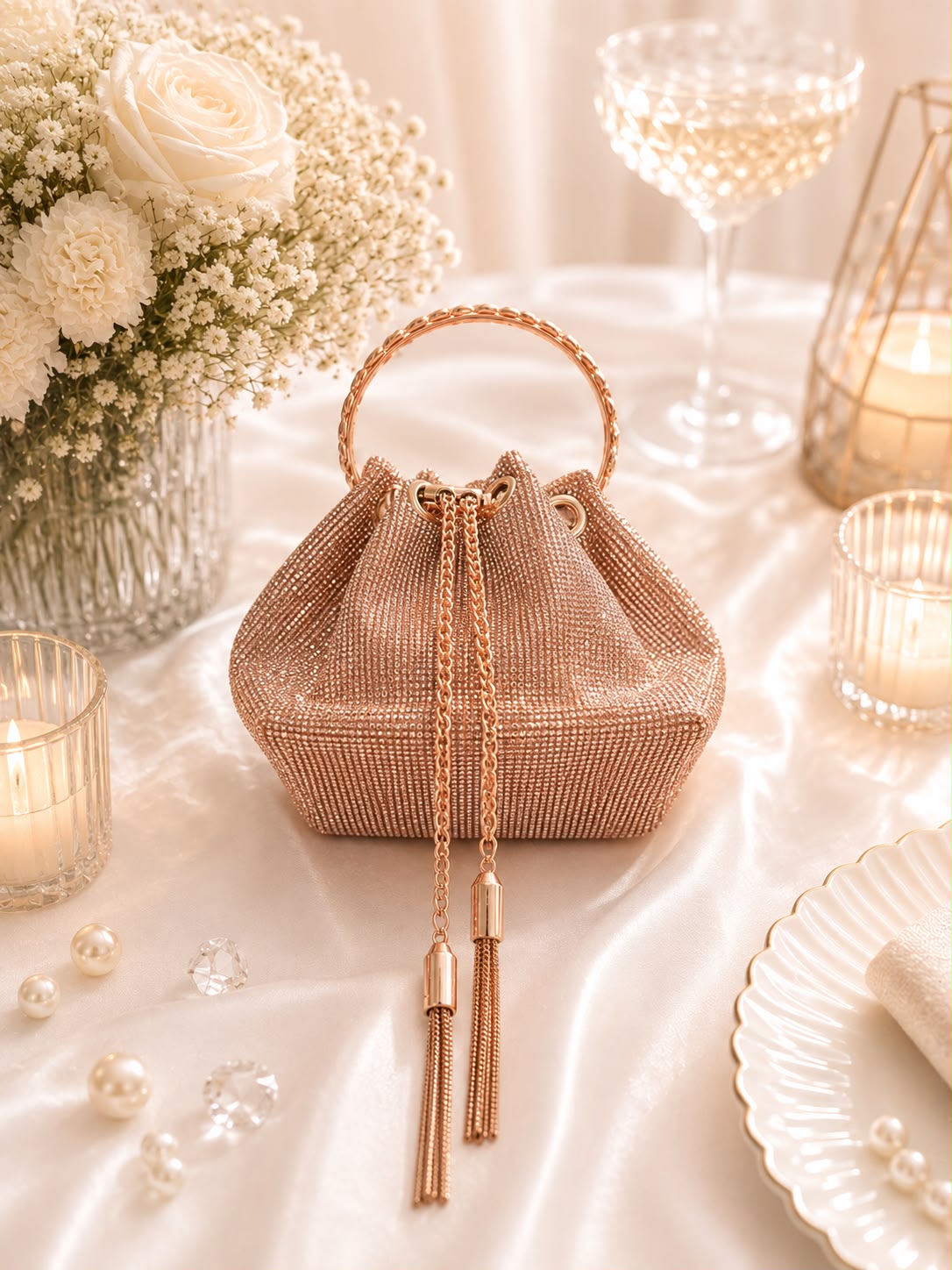 Crystal Leaf-Handle Bucket Bag - side view