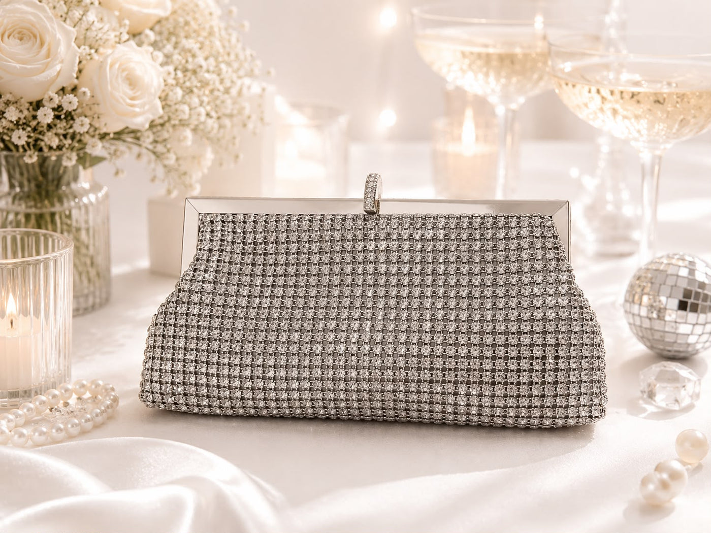 Crystal Mesh Frame Clutch - Silver - front view