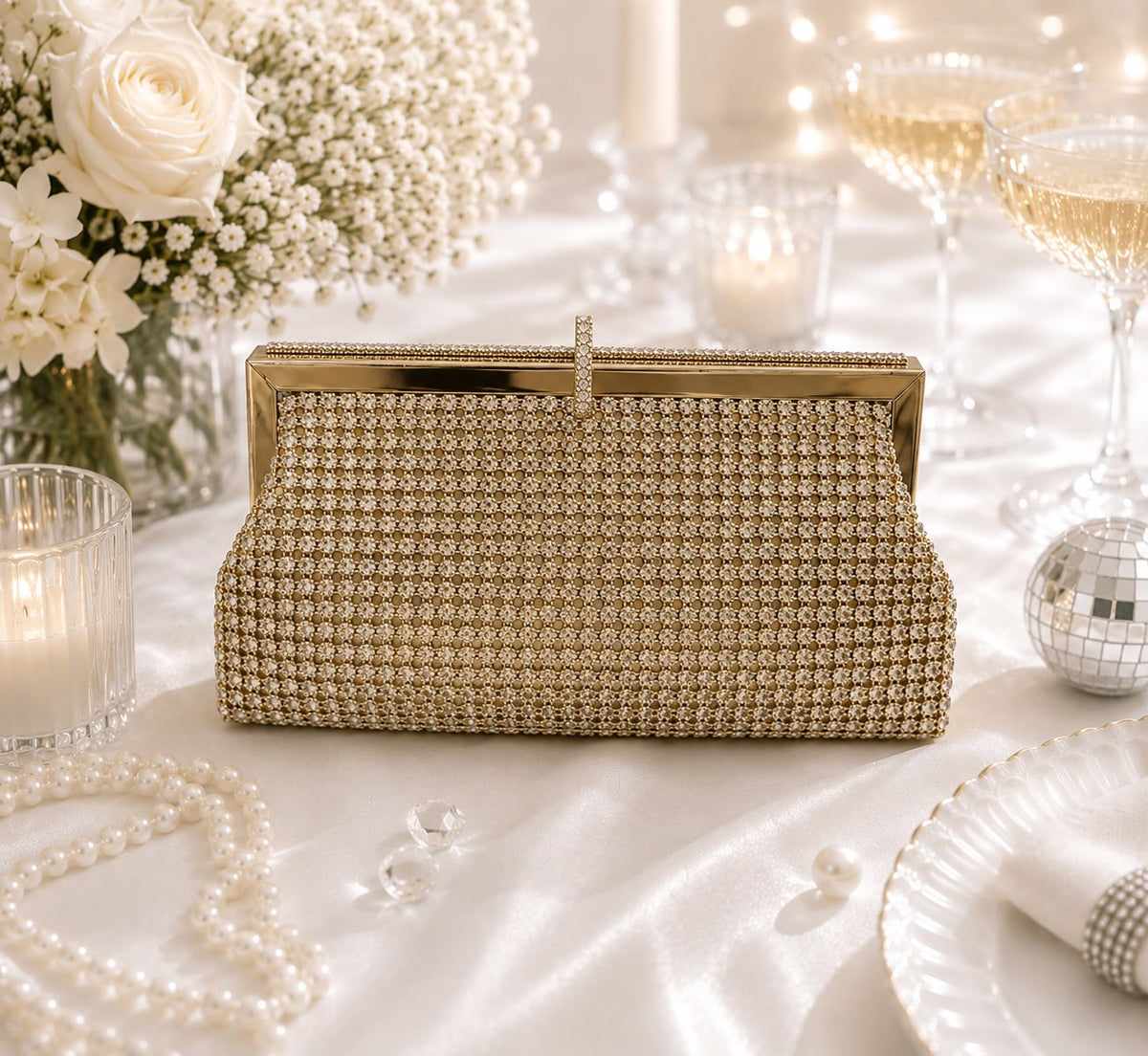 Crystal Mesh Frame Clutch - Gold - front view