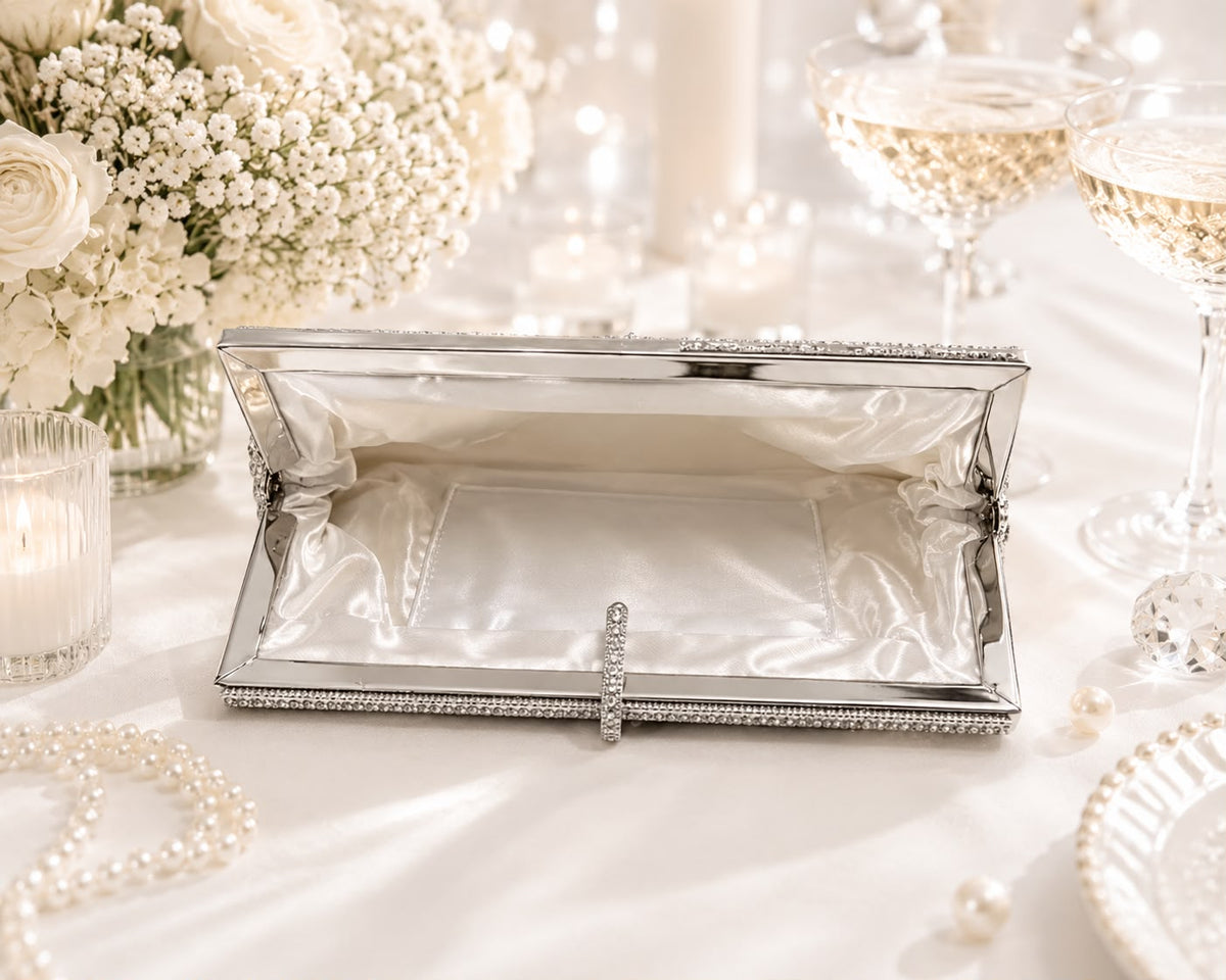 Crystal Mesh Frame Clutch - Silver - open view