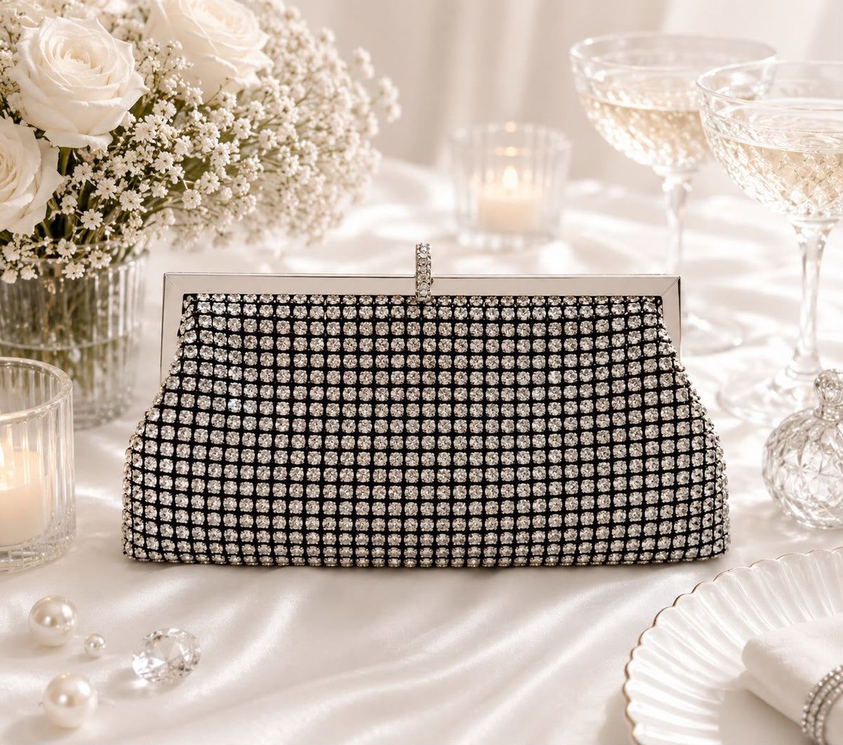 Crystal Mesh Frame Clutch - Silver - side detail