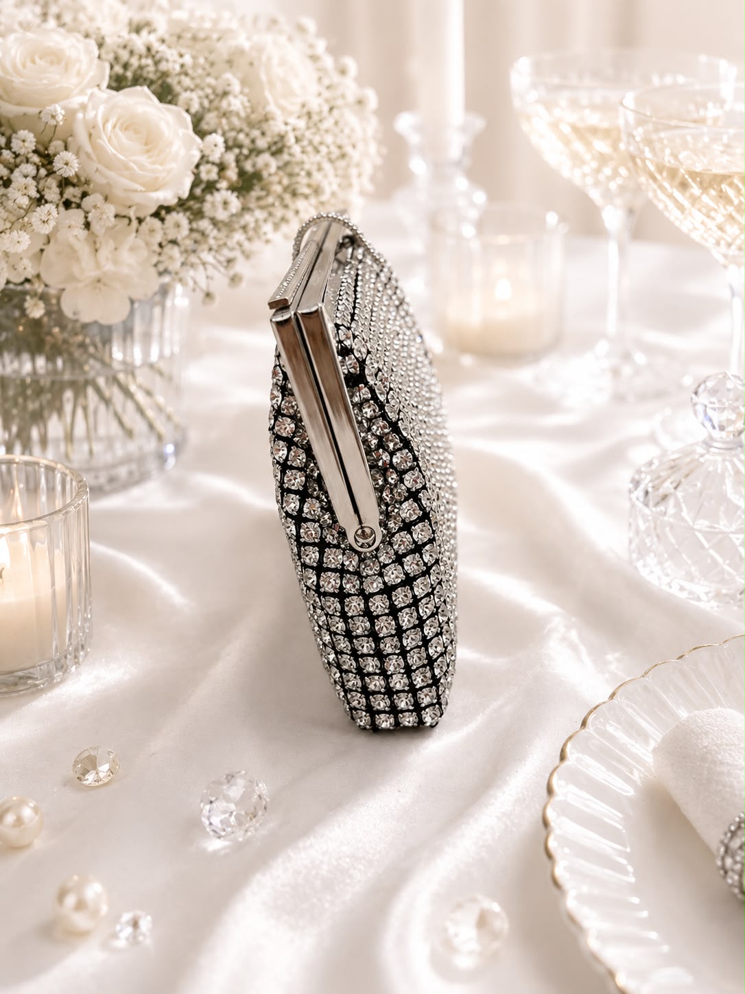 Crystal Mesh Frame Clutch - Silver - front detail