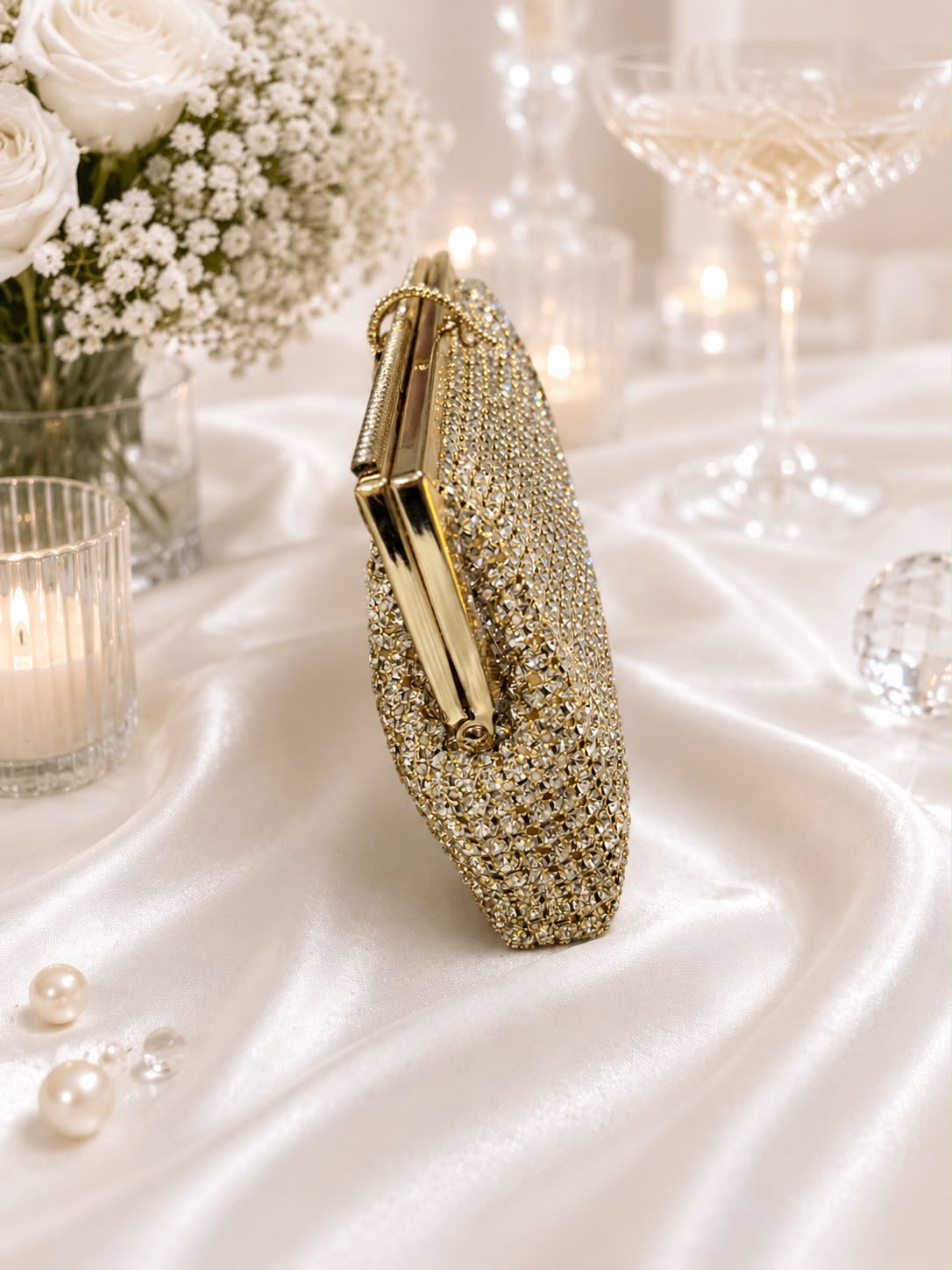 Crystal Mesh Frame Clutch - Gold - side view