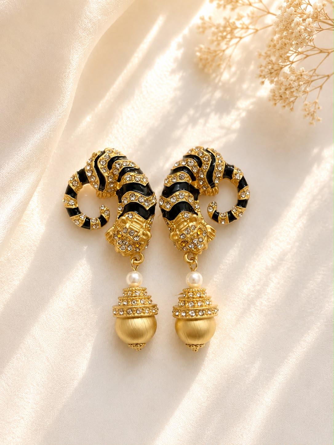 Vintage Tiger Rhinestone Drop Earrings