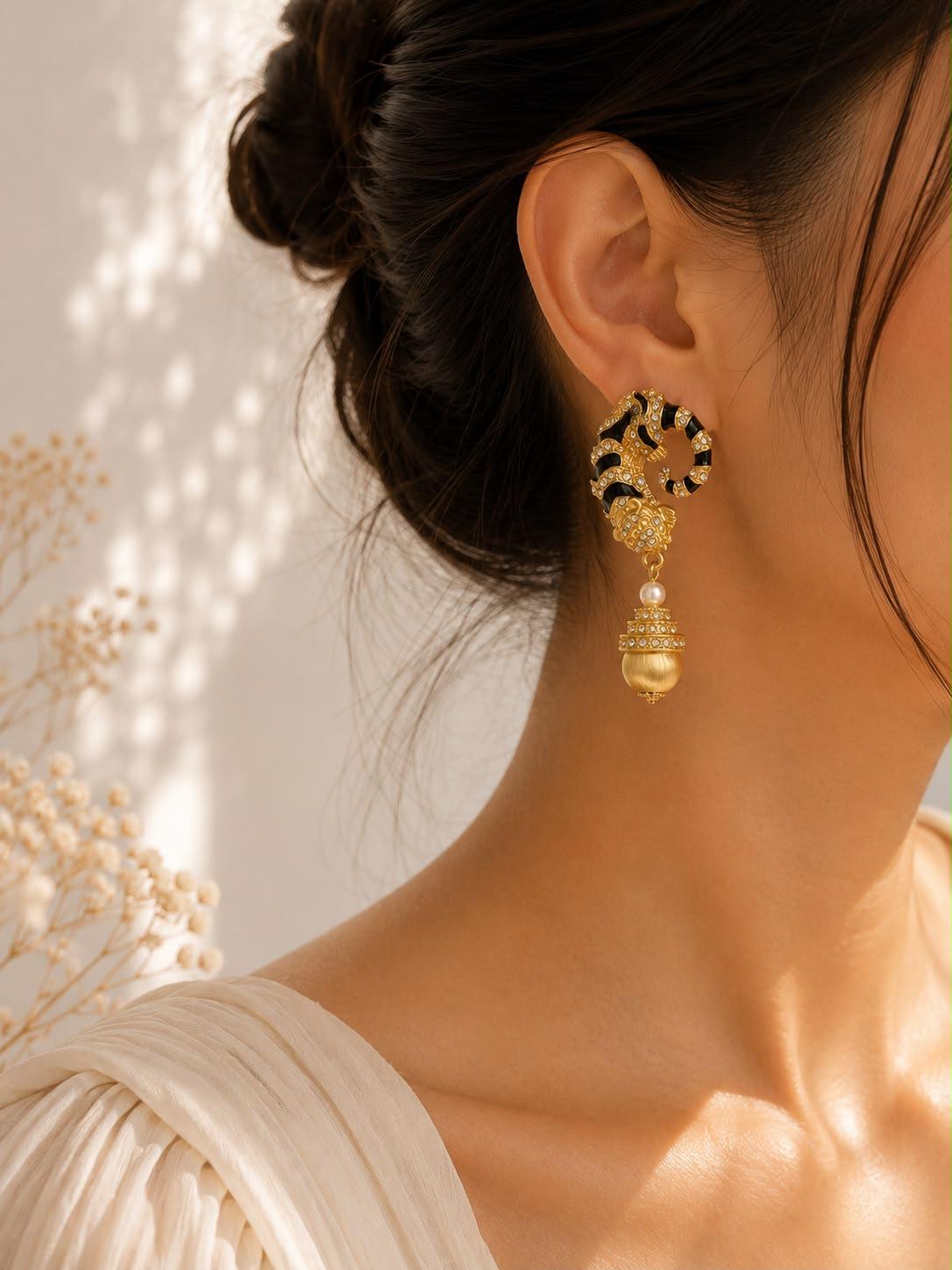 Vintage Tiger Rhinestone Drop Earrings