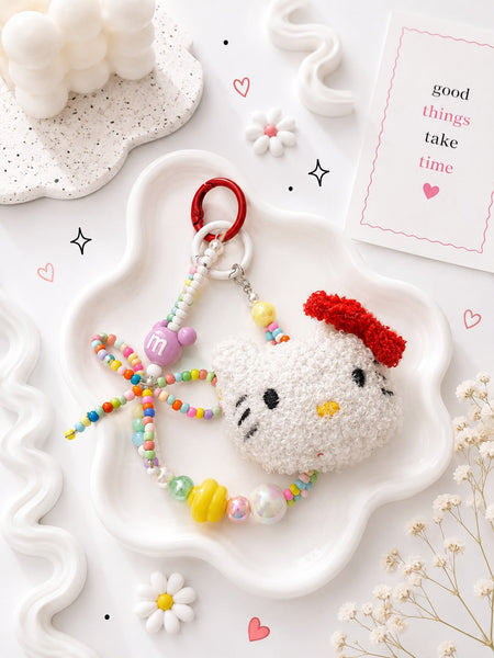 Handmade Crochet Kitty Bag Charm with Rainbow Beads