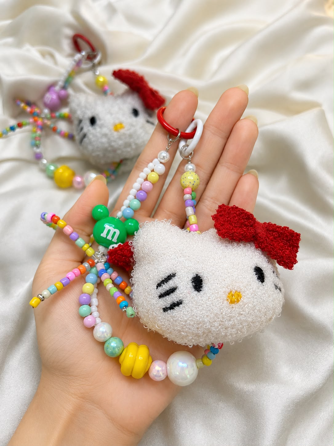 Handmade Crochet Kitty Bag Charm with Rainbow Beads