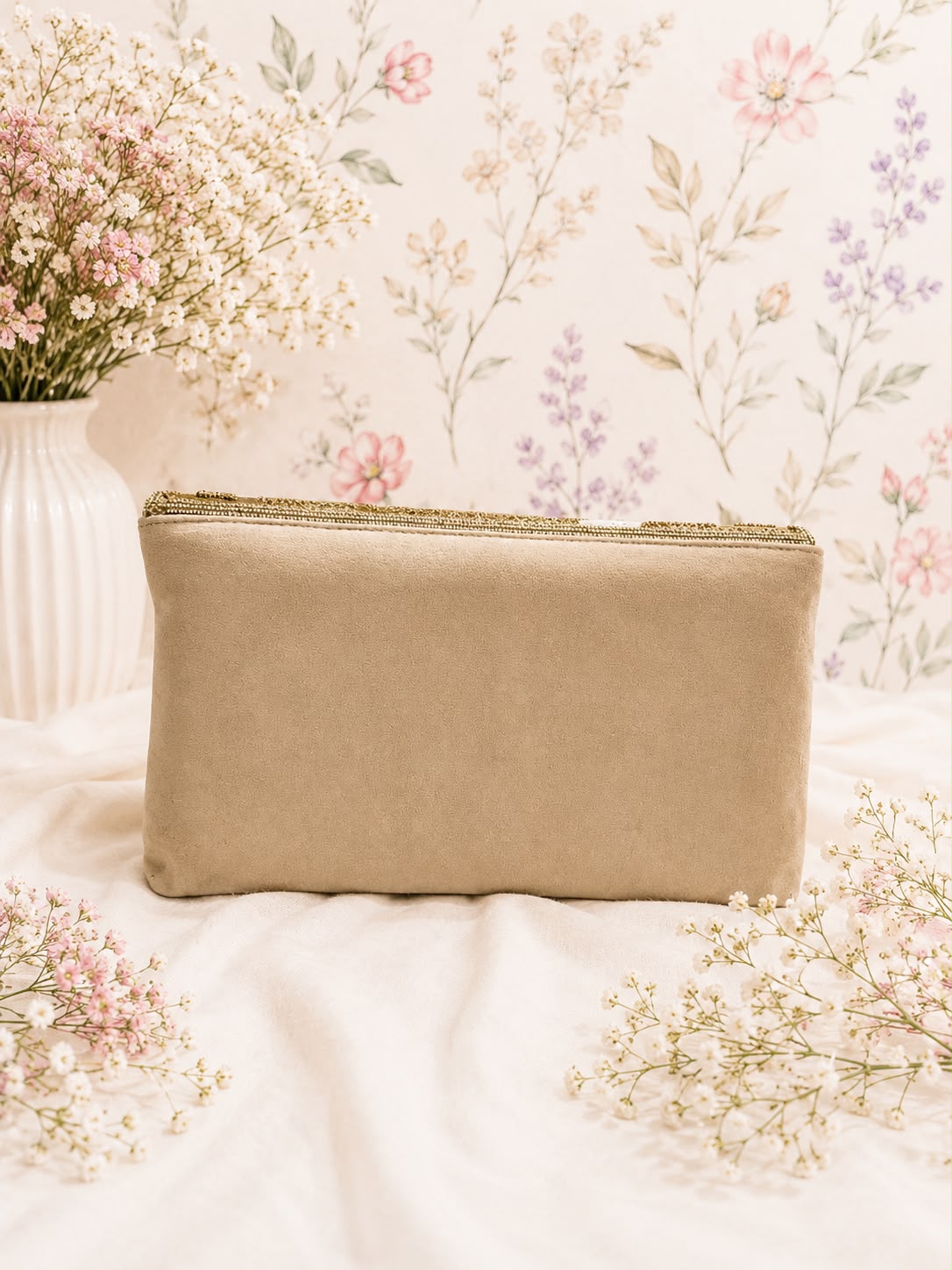 Embroidered Party Clutch - Beige-Gold flat lay