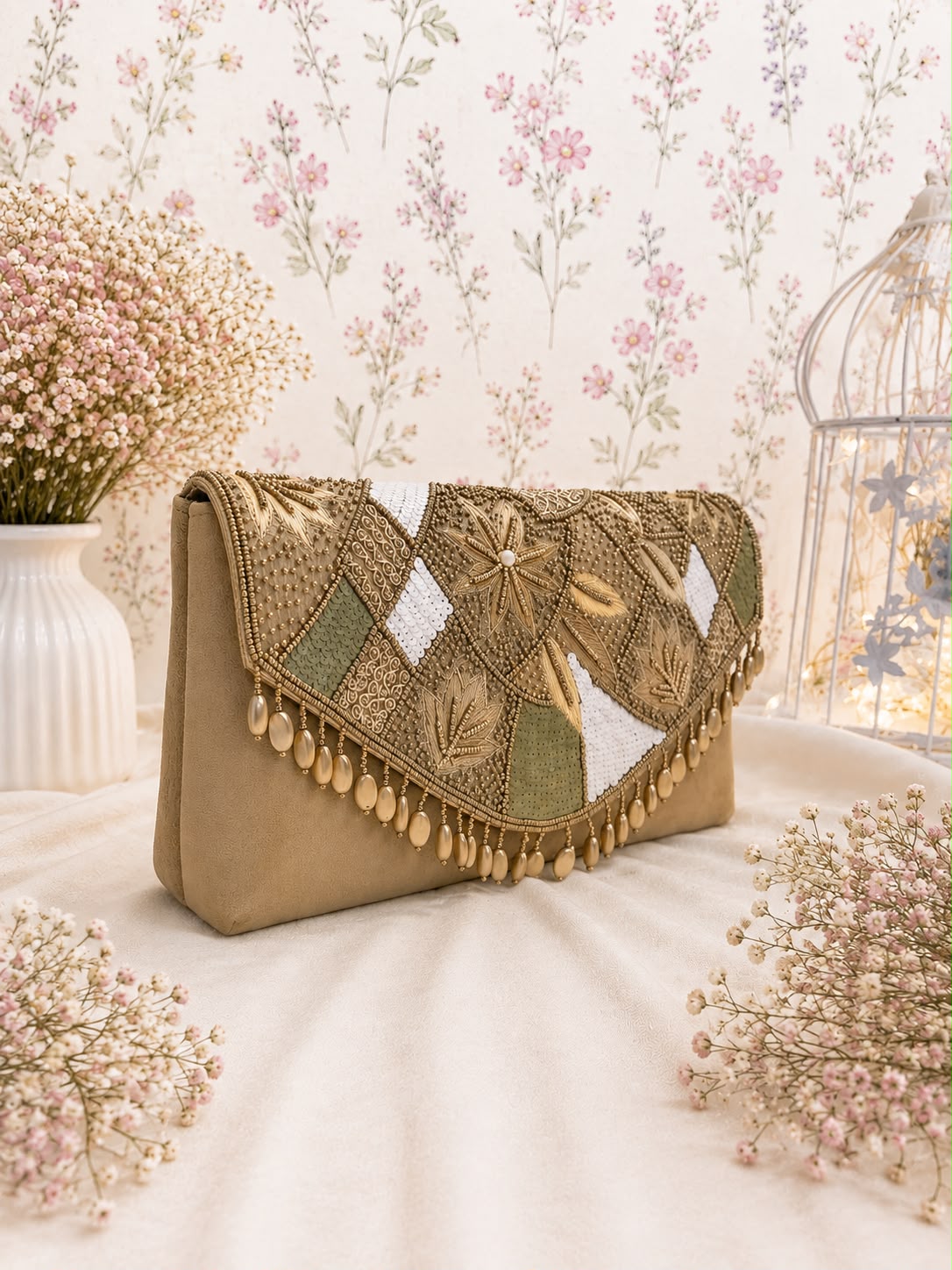 Embroidered Party Clutch - Beige-Gold angled view