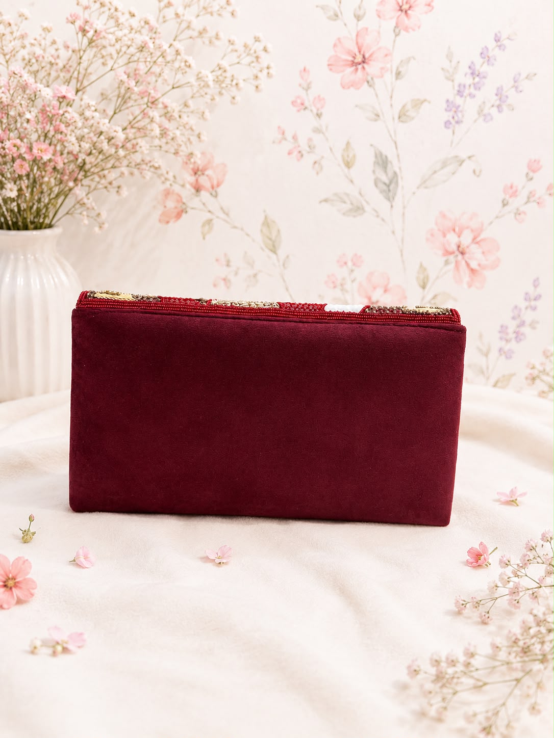 Embroidered Party Clutch - Beige-Gold front view