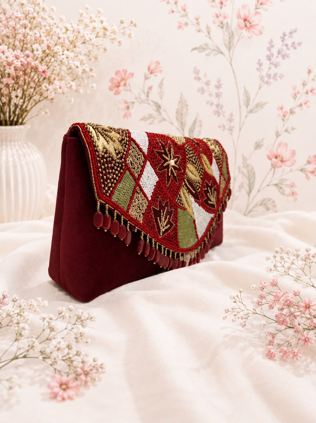 Embroidered Party Clutch - Beige-Gold side view with birdcage