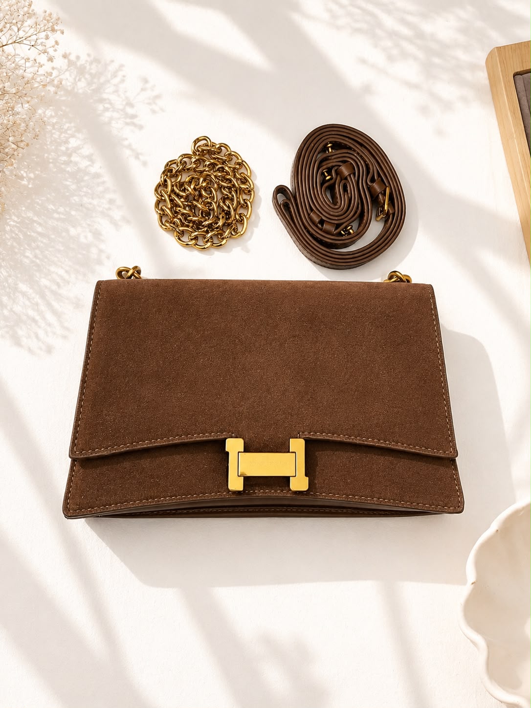 Suede Flap Chain Bag - Brown angled view with birdcage