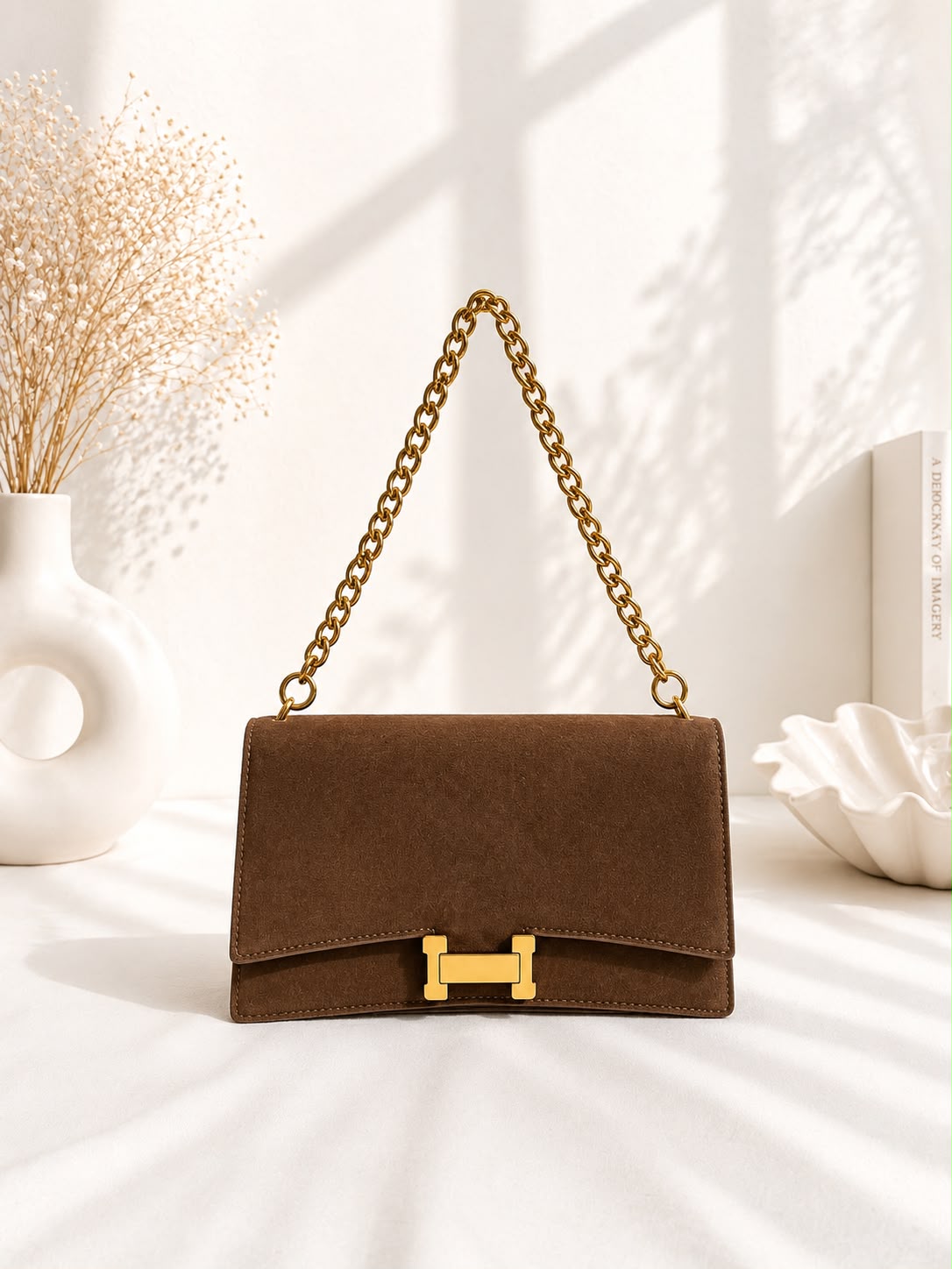 Suede Flap Chain Bag - Brown flat lay with chain and leather strap