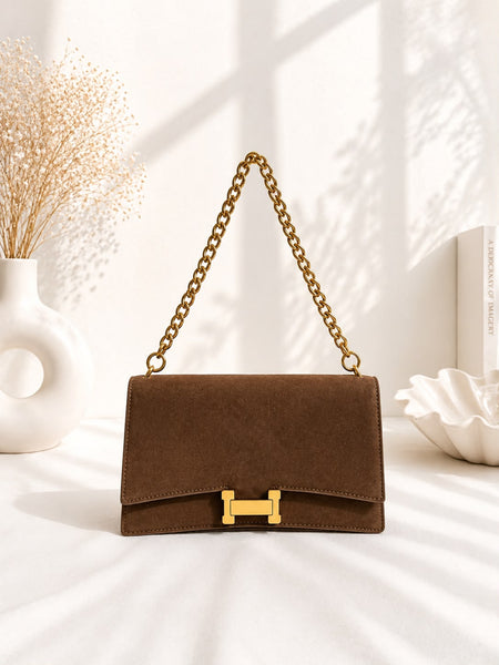 Suede Flap Chain Bag - Brown flat lay with chain and leather strap