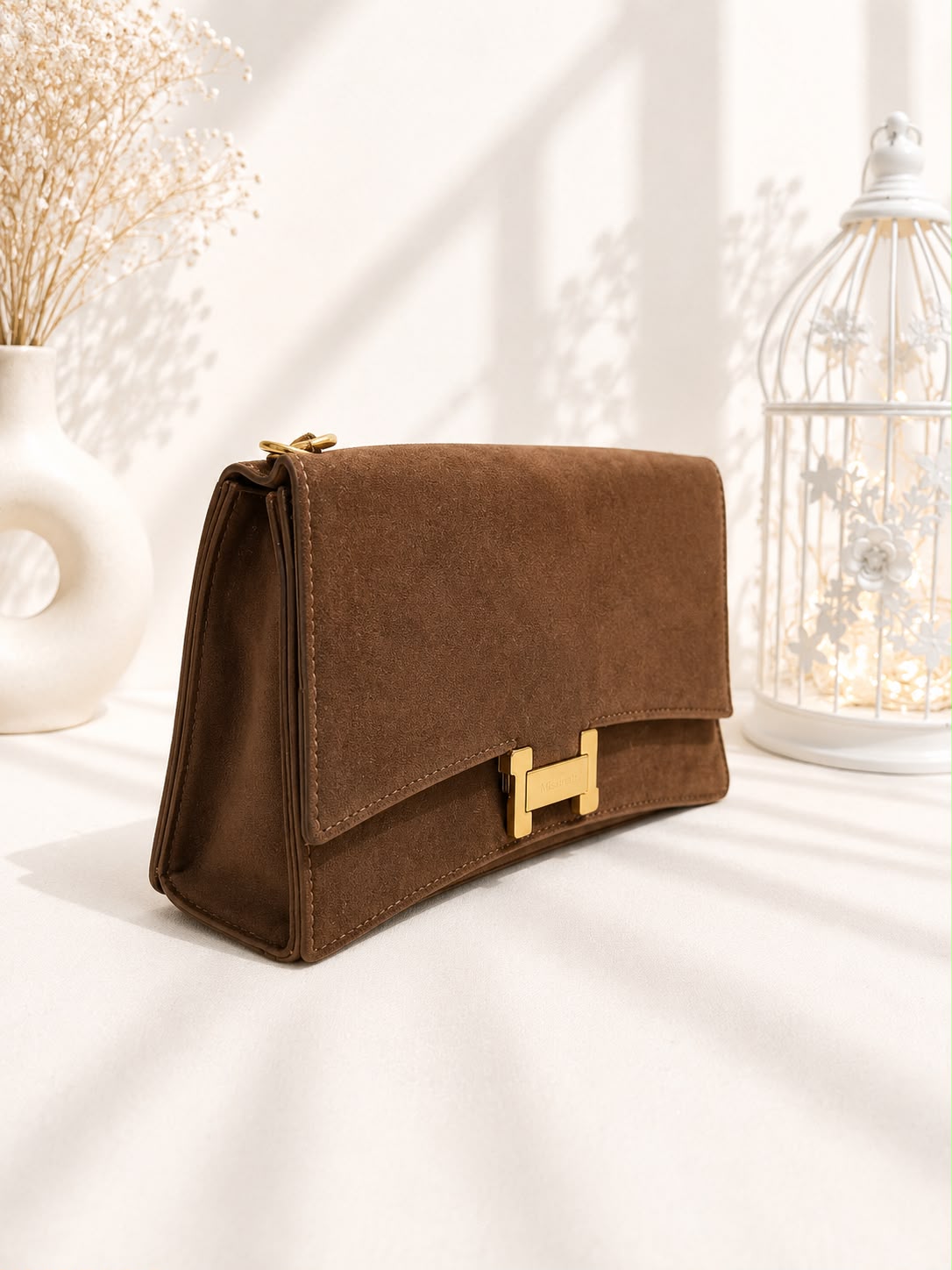 Suede Flap Chain Bag - Black front view with chain strap