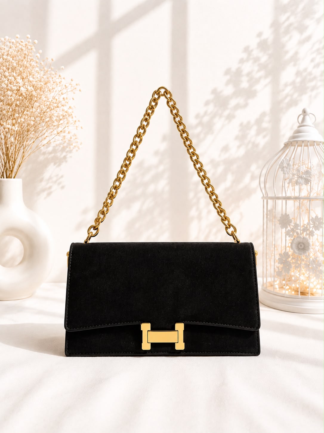 Suede Flap Chain Bag - Brown side profile view