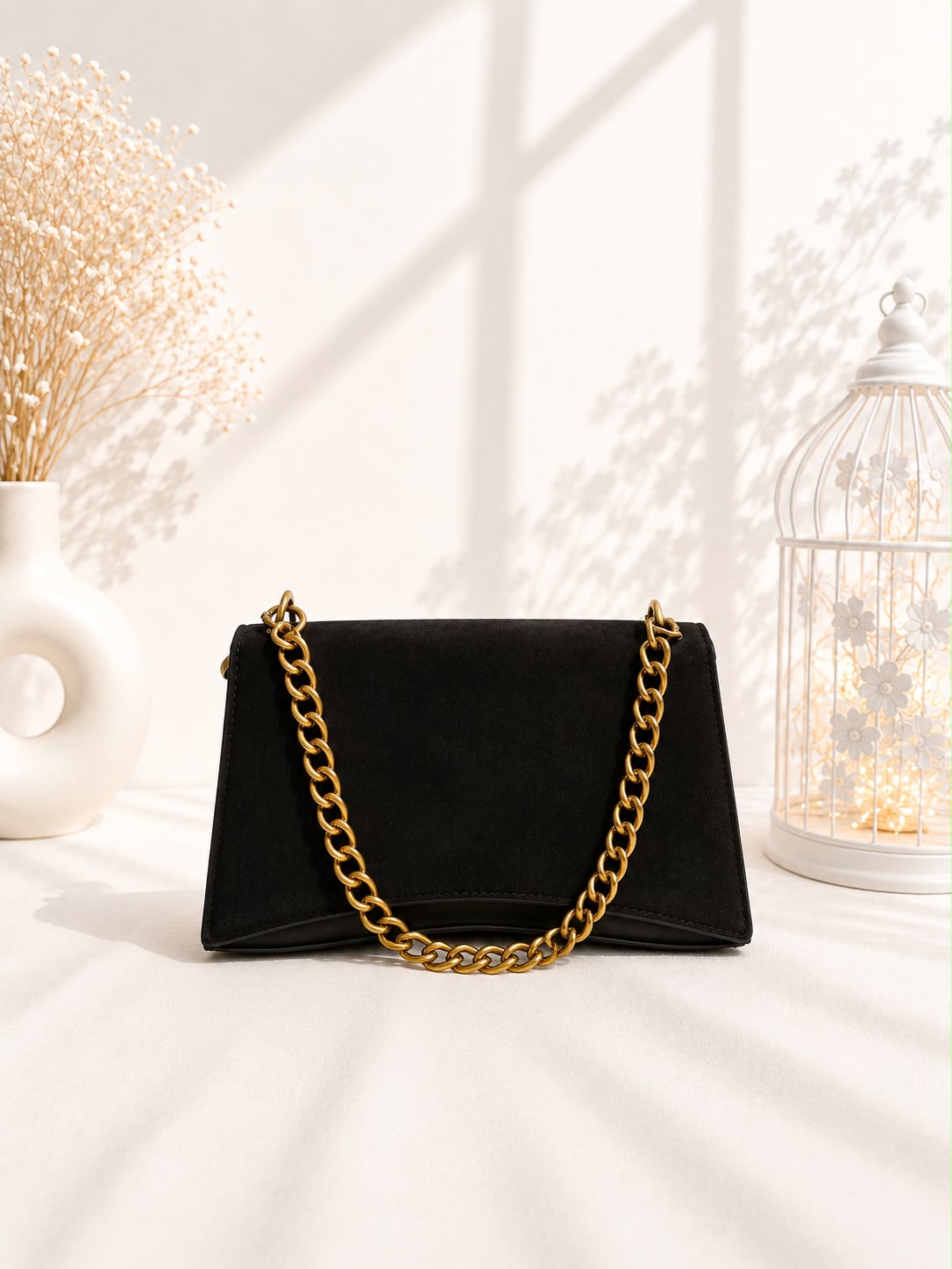 Suede Flap Chain Bag - Brown front view with chain strap