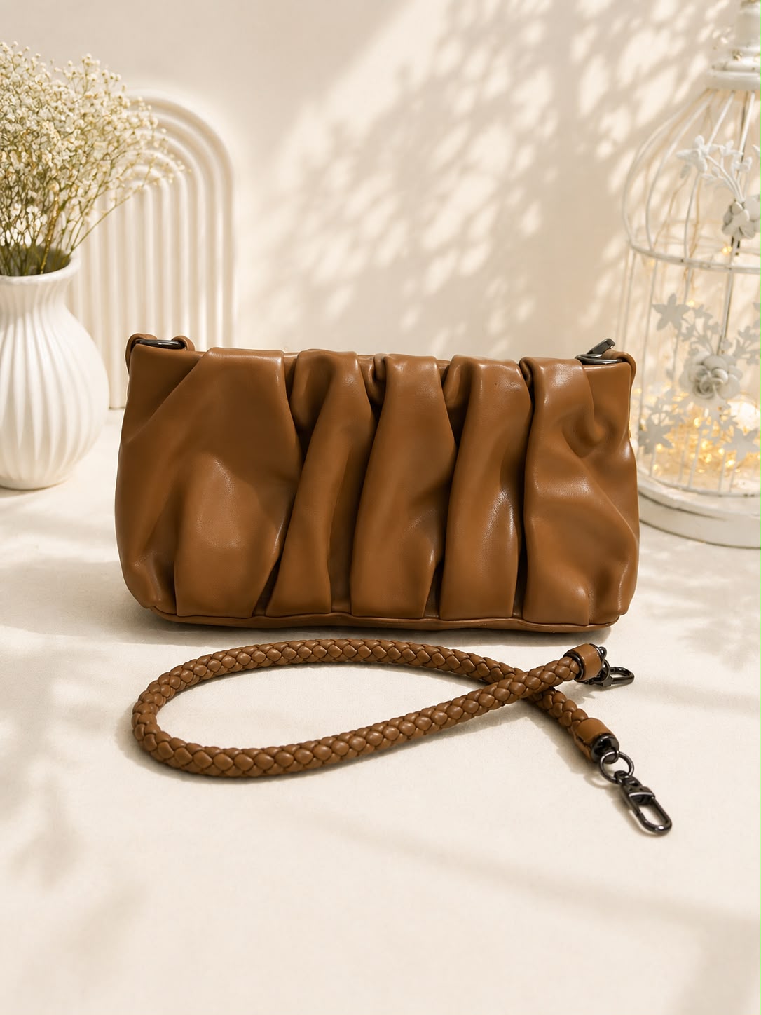 Ruched Cloud Bag - Brown angled view with strap
