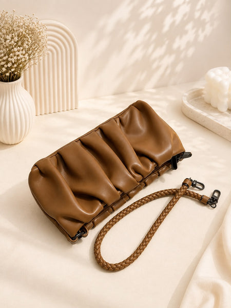Ruched Cloud Bag - Brown front view with braided strap