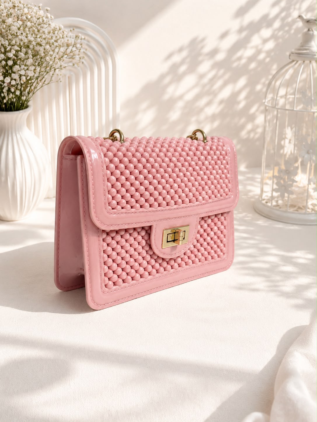 Bobble Chain Bag - White front view with chain strap