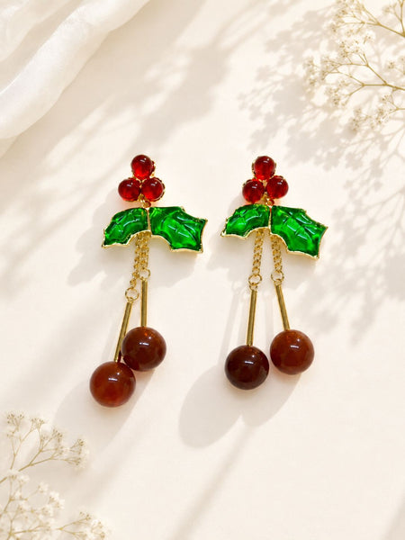 Cherry Holly Leaf Drop Earrings