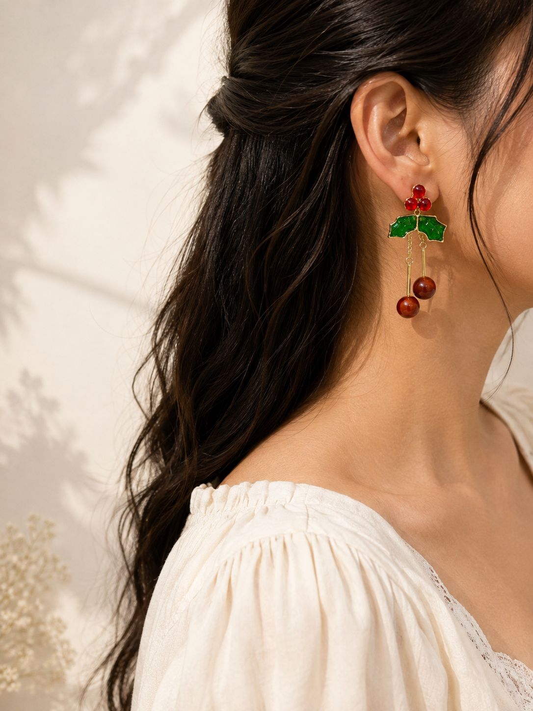 Cherry Holly Leaf Drop Earrings