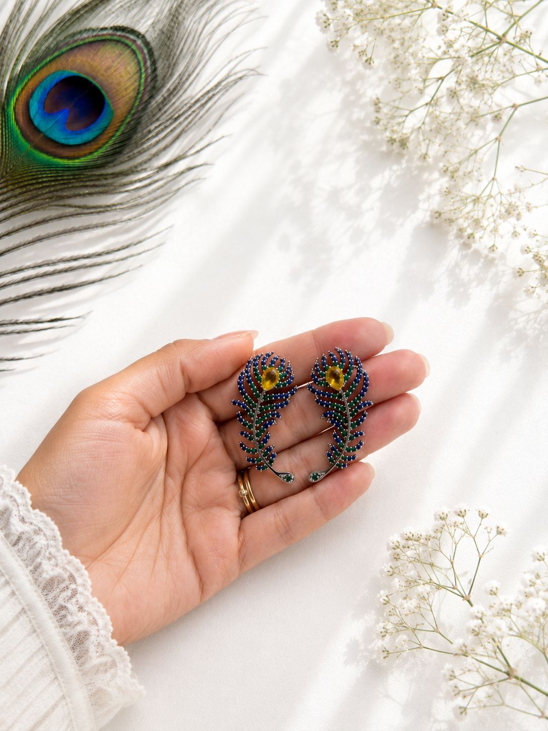 Peacock Feather Crystal Earrings