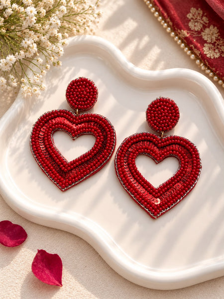 Red Beaded Heart Drop Earrings