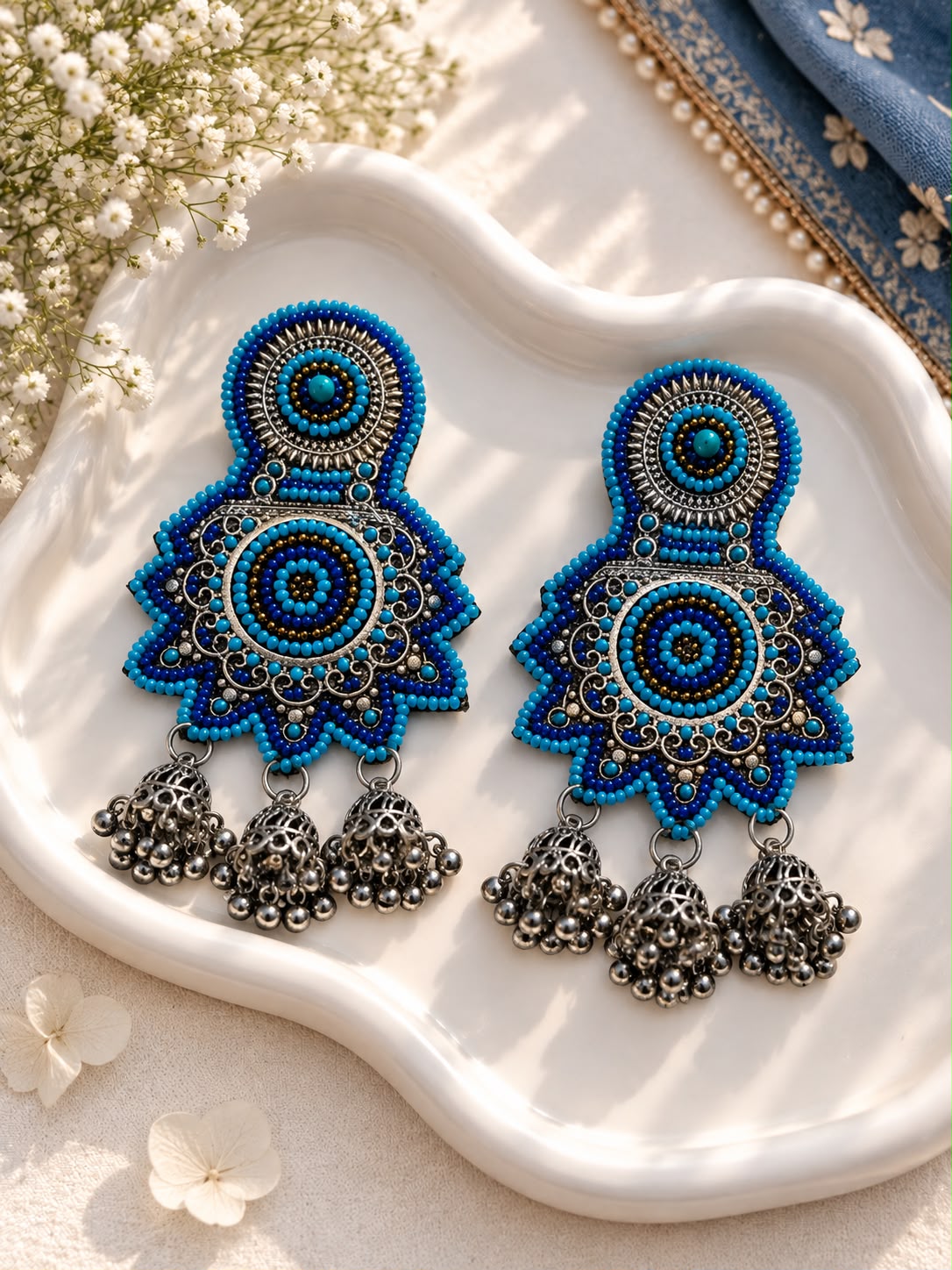 Oxidised Turquoise Beaded Jhumka Earrings