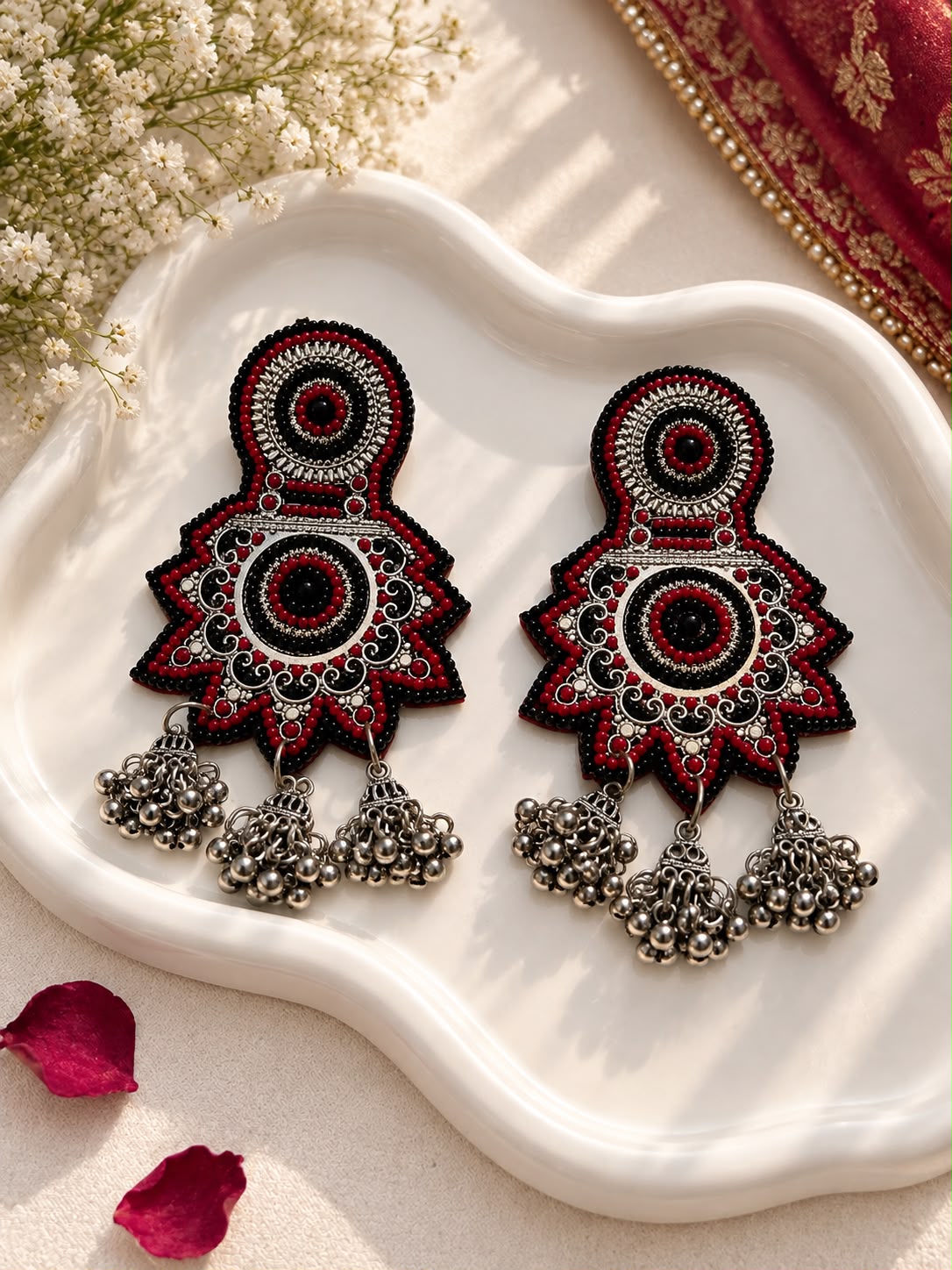 Oxidised Red Black Star Jhumka Earrings