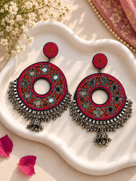 Oxidised Pink Mirror Chandbali Earrings