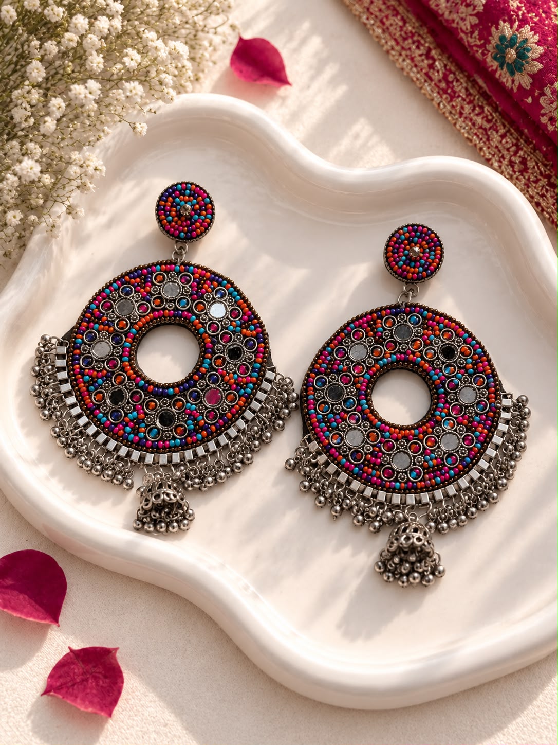 Oxidised Multicolor Mirror Chandbali Earrings