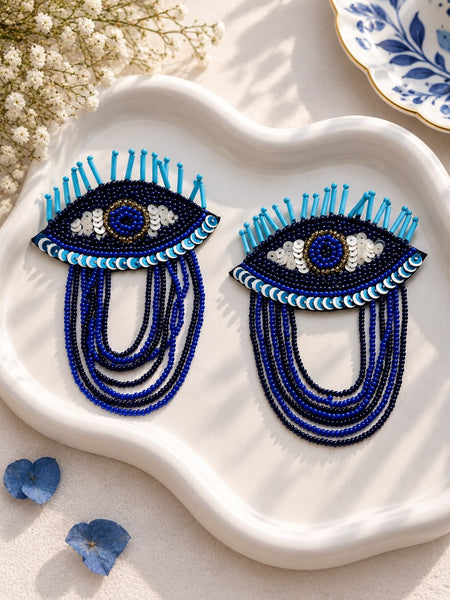 Blue Evil Eye Tassel Earrings