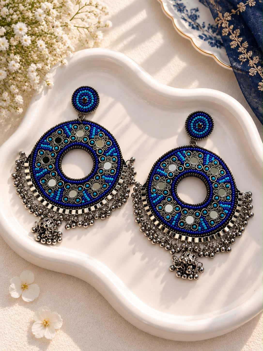 Oxidised Blue Mirror Chandbali Earrings