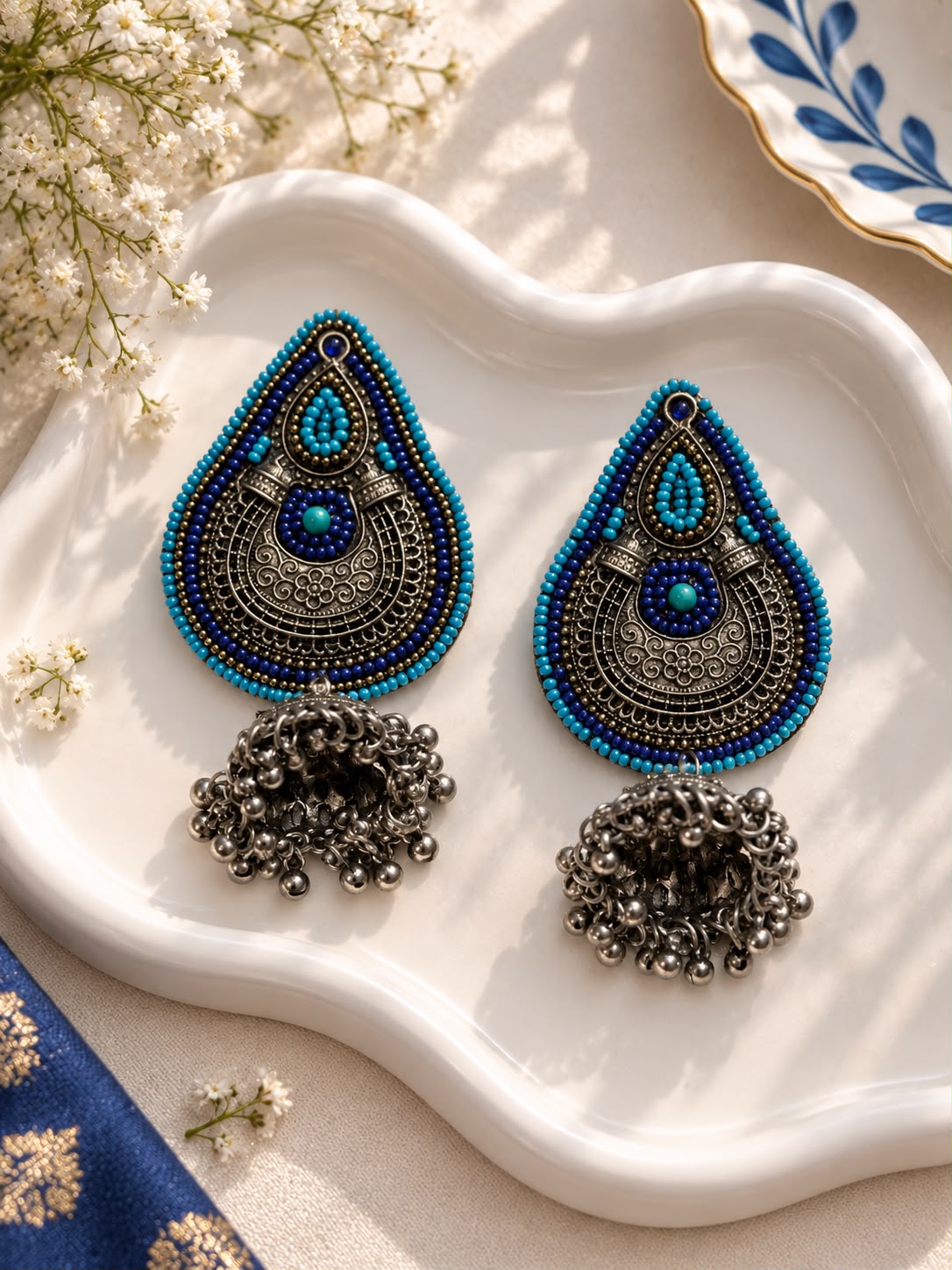Oxidised Turquoise Teardrop Jhumka Earrings