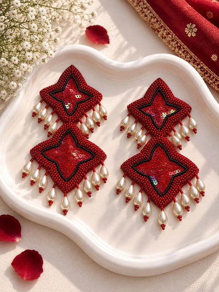 Red Star Pearl Drop Earrings