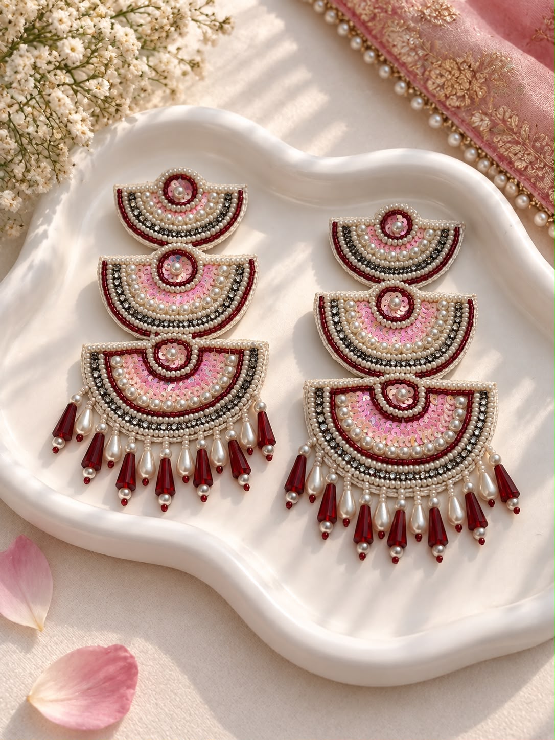 Pearl Pink Tiered Fan Earrings