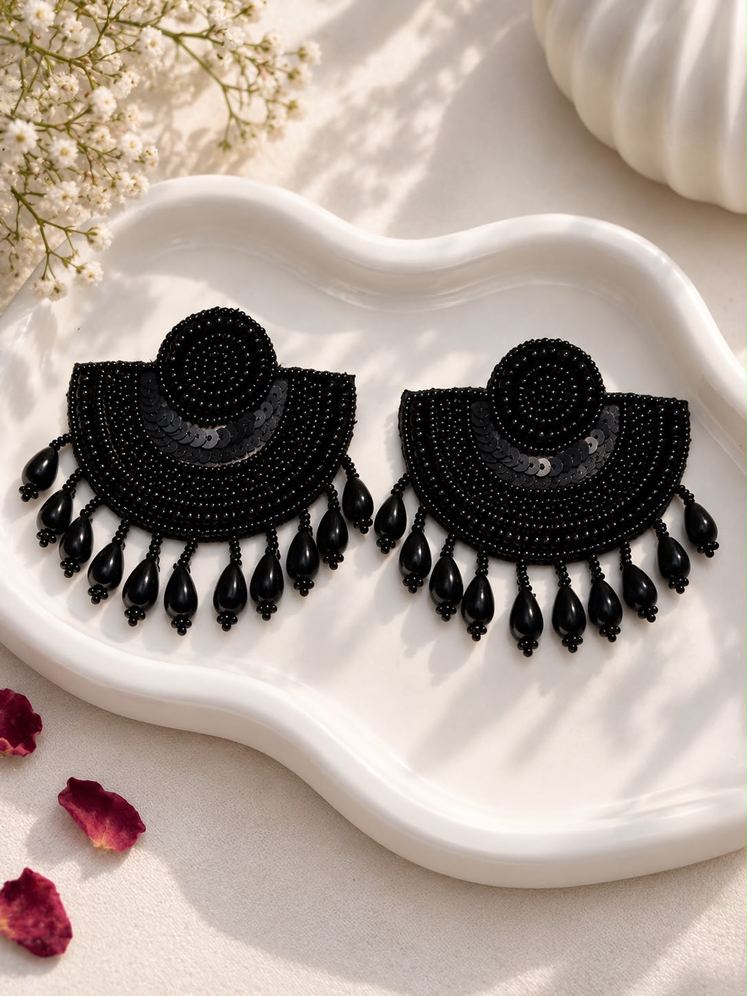 Black Beaded Fan Earrings