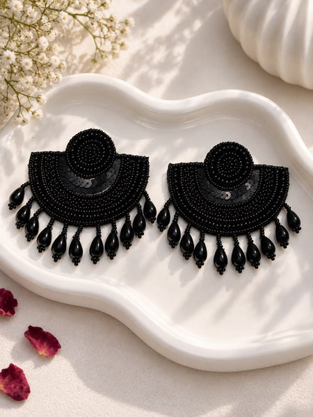 Black Beaded Fan Earrings
