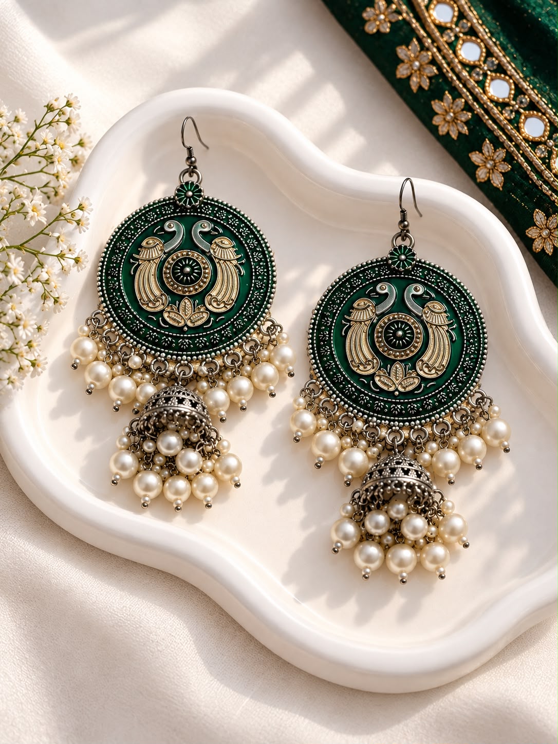 Antique Gold Green Peacock Jhumka Earrings
